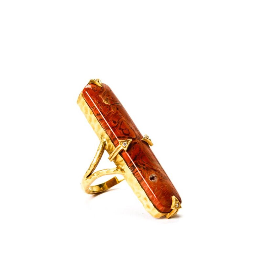 Cathy Waterman 22KT Yellow Gold Diamond Red Jasper Hammered Statement Ring Size